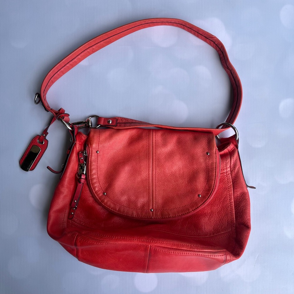 B. Makowsky Coral Red Pebbled Leather Shoulder Bag Leopard Print Designer Boho‎